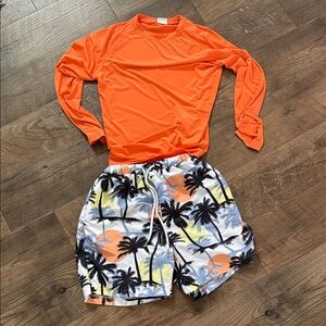 Bright Orange Rash Guard with Tropical Palm Swim Shorts 10-12 Youth